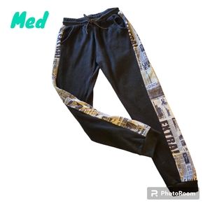 SEVEN SOULS Newspaper Print Side Pannels Black Joggers Sweatpant Lounge  Men Med